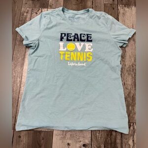 Life is Good Women's Blue Tennis T-shirt Peace Love Tennis Medium